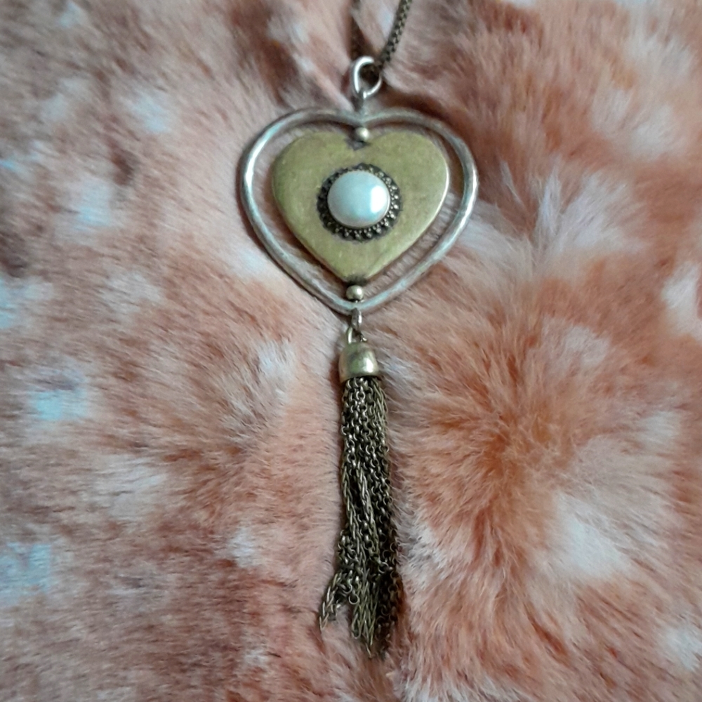 Lucky Brand Reversible Heart Tassel Necklace Antiqued 2 Tone - Picture 4 of 5